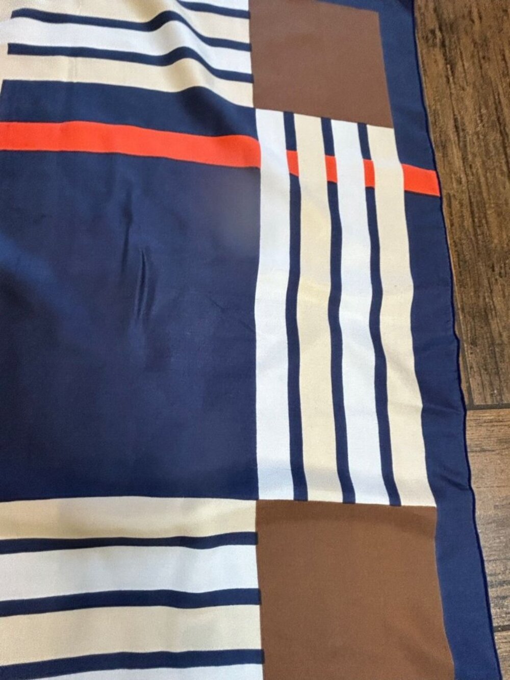 Vintage 70s 80s Geometric 24" Square 100% Silk Scarf Blue Brown Orange - Picture 6 of 9